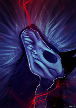 ambiguous_gender blood bodily_fluids bone empty_eyes fangs feral mouth_closed neck_tuft sharp_teeth side_view simple_background skull solo teeth text tuft unknowhiter canid mammal 2015 artist_name