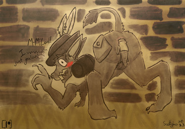 4_fingers anal anal_vore blush brick brick_wall clothing dialogue duo eyebrows feral fingers fur grass hat hat_feather headgear headwear looking_at_viewer looking_back loose_feather male mostly_nude open_mouth plant tail teeth text vore wall_(structure) scottglass elden_ring fromsoftware boc_the_seamster demi-human_(elden_ring) 2023 artist_name hi_res