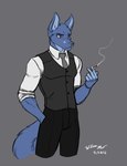 anthro blue_body blue_fur cigarette clothed clothing frown fur grey_background hand_in_pocket male necktie pockets simple_background smoke solo standing suit yellow_eyes wmdiscovery93 flynn_shepard canid canine canis mammal wolf 2016 hi_res portrait three-quarter_portrait