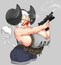 big_breasts biped bodily_fluids bottomwear breasts clothed clothing eyes_closed eyewear female goggles gun hair holding_gun holding_object holding_ranged_weapon holding_weapon huge_breasts hyper hyper_breasts pants ranged_weapon shirt simple_background solo sweat thick_thighs three-quarter_view topwear weapon klebo fabrique_nationale_herstal animal_humanoid bovid bovid_humanoid bovine bovine_humanoid cattle_humanoid humanoid mammal mammal_humanoid absurd_res hi_res