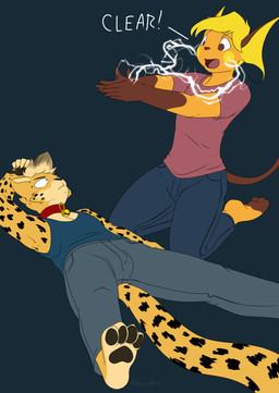 anthro bell bell_collar biped black_highlights black_nose black_pawpads blonde_hair blue_eyes bottomwear brown_eyes brown_markings brown_nose clothed clothed_anthro clothed_male clothing collar countershade_face countershade_feet countershade_fur countershade_neck countershade_torso countershading denim denim_bottomwear denim_clothing dialogue duo ear_frill electricity feet fingerless_(marking) frill_(anatomy) fully_clothed fully_clothed_anthro fully_clothed_male fur gloves_(marking) hair highlights_(coloring) jeans kneeling looking_up_at_another lying male male_anthro markings on_back open_mouth orange_body orange_fur pants pawpads shirt simple_background spots spotted_markings spread_legs spreading t-shirt tail tail_between_legs tan_body tan_countershading tan_hair text three-quarter_view toeless_(marking) topwear yellow_markings halcy0n nintendo pokemon rai_(raichumorph4) sheeron cheetah felid feline generation_1_pokemon mammal pokemon_(species) raichu 2021 artist_name colored english_text hi_res shaded