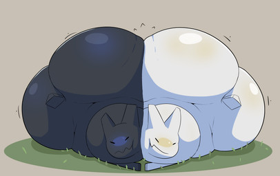 anthro ass_to_ass belly big_butt black_body black_fur blush butt butt_press duo feral front_view fur glistening glistening_butt grass huge_butt huge_hips hyper hyper_butt lying male male/male neck_tuft on_front plant shortstack shortstack_male simple_background tuft white_body white_fur wide_hips bellyboi13 roblox gubby_(roblox) gubby_(species) lagomorph leporid mammal rabbit 2025 digital_media_(artwork) hi_res