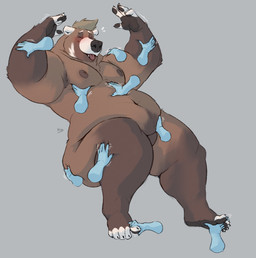 anthro armpit_hair blush body_hair brown_body brown_fur brown_hair brown_nipples disembodied_hand eyes_closed feet fur grey_background hair hand_on_belly male nipples open_mouth overweight overweight_male simple_background solo white_body white_fur minedoo minedoo_(character) bear mammal 2021 hi_res