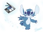 4_fingers 4_toes blue_body blue_claws blue_fur blue_nose blue_pawpads chest_tuft claws feet fingers fur head_tuft makeup male notched_ear open_mouth open_smile pawpads semi-anthro simple_background smile solo sparkles text toes tuft white_background harara disney lilo_and_stitch stitch_(lilo_and_stitch) alien experiment_(lilo_and_stitch) 2020 blue_theme japanese_text restricted_palette signature