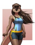 anthro arm_tuft black_nose bottomwear breasts brown_eyes brown_hair clothed clothing eyebrows eyelashes female hair long_hair medium_breasts one-piece_swimsuit partially_clothed shorts shoulder_tuft solo swimwear tuft mykegreywolf nat_(mykegreywolf) mammal mustelid otter 2022 absurd_res hi_res