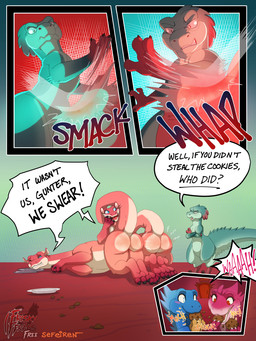 abstract_background ankle_tuft blue_body blue_eyes blue_fur bodily_fluids butt butt_slap candy chocolate chocolate_chip_cookie chocolate_chips clasped_hands claws cookie crossed_arms crumbs dessert dialogue door drooling eating emanata eyelashes eyewear feet female feral food fur glasses green_body green_fur head_tuft hindpaw leg_tuft looking_at_another looking_back looking_back_at_another looking_down looking_down_at_another lying male motion_lines on_ground onomatopoeia open_mouth paws pink_body pink_fur pink_scales raised_tail red_body red_eyes red_fur saliva scales size_difference slap sound_effects spank_marks spanking speech_bubble standing tail tail_tuft text tongue tuft conditional_dnp sefeiren frisky_ferals mythology gunter_(frisky_ferals) lilith_(sefeiren) lily_(sefeiren) dinosaur dragon dromaeosaurid mythological_creature mythological_scalie prehistoric_species reptile saurischian scalie theropod 3:4 comic english_text hi_res sibling_(lore) sister_(lore) sisters_(lore) twins_(lore)