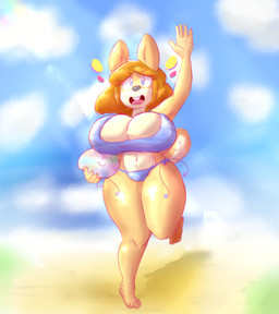 anthro areola areola_slip beach big_breasts biped blue_clothing blue_eyes blue_swimwear breasts brown_hair cleavage clothed clothing countershade_face countershade_torso countershading day detailed_background emanata eyelashes female fur gesture hair holding_beach_ball huge_breasts navel one_leg_up open_mouth open_smile pink_areola raised_leg sky smile solo swimwear tail tan_body tan_fur teeth tooth_gap two-piece_swimsuit waving dividedwreck june_(jinu) canid canine canis domestic_dog mammal shiba_inu spitz 2018 absurd_res digital_drawing_(artwork) digital_media_(artwork) english_description full-length_portrait hi_res portrait