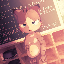 anthro backpack balls blue_eyes brown_body brown_fur chalkboard cute_fangs detailed_background exhibitionism fangs flaccid foreskin fur genitals hand_on_belly male male_anthro navel nipples nude open_mouth penis shelf short short_anthro short_male solo striped_body striped_fur stripes tan_body tan_fur teeth teeth_showing young young_anthro suimatsu domestic_cat felid feline felis mammal 1:1 colored digital_media_(artwork) hi_res