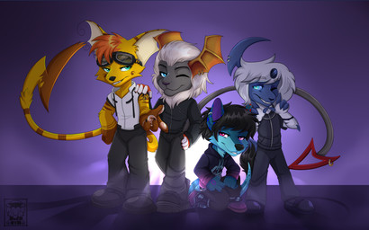 anthro black_hair black_nose chibi clothed clothing fur grey_body grey_fur group hair machine male pawpads pink_pawpads pose spade_tail tail white_hair holymolydeer nintendo pokemon absol canid canine canis domestic_dog felid feline generation_1_pokemon generation_3_pokemon lion mammal pantherine pokemon_(species) raichu robot wolf 16:10 widescreen