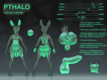 anthro anus balls belly big_balls big_ears bioluminescence bodily_fluids butt countershading cum cum_in_a_cup cum_in_container genital_fluids genitals glowing goo_body green_eyes green_nose humanoid_genitalia humanoid_penis male penis perineum small_tail solo spread_butt spreading stats tail tail_motion tailwag text translucent translucent_body_parts translucent_penis unusual_bodily_fluids unusual_cum unusual_genital_fluids vore pthalo pthalo_(pthalo) bat mammal 4:3 english_text hi_res model_sheet