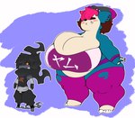 ambiguous_gender anthro belly big_belly big_breasts biped black_hair blue_body breasts brown_hair clothed clothing countershading duo female grey_body hair huge_breasts hyper hyper_breasts larger_female obese obese_anthro obese_female overweight overweight_anthro overweight_female pink_hair pokemorph size_difference smaller_ambiguous tan_body tan_countershading text gomibin_art nintendo pokemon alexa_(gomibin) coal_(gomibin) generation_1_pokemon generation_7_pokemon humanoid legendary_pokemon marshadow pokemon_(species) snorlax hi_res japanese_text translated