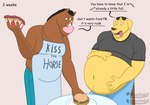 anthro apron belly belly_overhang belly_rub big_belly bloated bodily_fluids clothed clothing duo feeder food male male/male moobs overweight overweight_male shirtless stuffing sweat text thick_thighs tight_clothing weight_gain wide_hips mintsfresh69 bojack_horseman netflix bojack_horseman_(character) mr._peanutbutter bird_dog canid canine canis domestic_dog equid equine golden_retriever horse hunting_dog mammal retriever absurd_res english_text hi_res