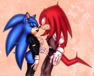 anthro big_breasts blue_body blue_fur blush border bottomless breasts bulge classy claws clothed clothing crossgender dreadlocks duo ear_piercing female fur green_eyes hair heart_symbol lipstick long_hair makeup male necktie orange_border piercing red_body red_fur side_boob suit teasing thick_thighs shadisfaction sega sonic_the_hedgehog_(series) knuckles_the_echidna sonic_the_hedgehog echidna eulipotyphlan hedgehog mammal monotreme hi_res