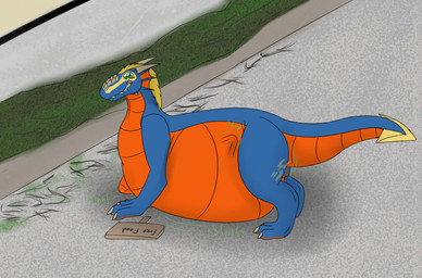 3_toes blue_body blue_eyes claws day feet feral grass grey_claws grey_horn happy horn male male_pred multicolored_body outside plant sign solo standing tail teeth text toes vore ingeir_palar mythology ingeir_(ingeir_palar) dragon mythological_creature mythological_scalie scalie english_text shaded watermark