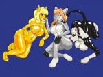 anthro black_hair blonde_hair blue_background breasts eye_contact featureless_crotch female female/female glistening green_eyes group hair handpaw inflatable latex licking looking_at_another navel nozzle nude orange_hair paws plantigrade simple_background tongue tongue_out cplk lemon_(kadawampus) animate_inanimate canid canine canis domestic_cat domestic_dog felid feline felis living_inflatable living_sex_doll mammal