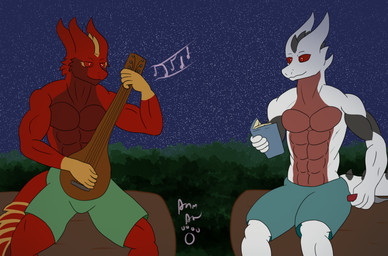 anthro bare_shoulders book clothed clothing duo grey_body grey_scales holding_object horn knife log lute male mostly_nude muscular musical_instrument night outside plant plucked_string_instrument red_body red_eyes red_scales red_sclera scales sky smile star starry_sky string_instrument tail tree white_body white_scales wood yellow_body yellow_scales animalatnight baldur's_gate baldur's_gate_3 bioware dungeons_and_dragons electronic_arts hasbro larian_studios mythology wizards_of_the_coast bazar_(hidden) tharkvig_(hidden) the_dark_urge_(baldur's_gate) dragonborn_(dnd) mythological_creature mythological_scalie reptile scalie absurd_res digital_media_(artwork) hi_res
