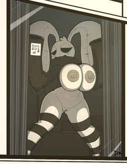 against_surface anthro areola bed big_breasts black_clothing black_eyes black_sweater black_topwear breasts breasts_on_glass clothed clothed_anthro clothed_female clothing curtains female female_anthro furniture genitals heart_symbol kiss_mark legwear nipples on_glass pattern_clothing pattern_legwear plushie solo striped_clothing striped_legwear stripes sweater text topwear vulva window mrdoccon animate_inanimate lagomorph leporid living_plushie mammal mewt_(elly_zupko) rabbit 2025 digital_media_(artwork) english_text