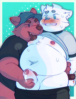 anthro anthro_on_anthro areola balls bdsm belly big_areola big_belly big_muscles blue_eyes blue_nose blush blush_lines bodily_fluids bondage bottomwear bottomwear_down bound brown_nose chest_lick claws clothed clothing collar crop_top dripping duo erection exposed_chest fangs foreskin fur genital_fluids genitals glans grabbing grabbing_from_behind grey_body grey_fur hand_behind_back handjob hands_behind_back hands_tied hands_tied_behind_back high-angle_view humanoid_genitalia humanoid_penis larger_male leaking_precum licking looking_pleasured male male/male multicolored_body multicolored_fur muscular muscular_male navel nipple_fetish nipple_lick nipple_play nipples one_eye_closed open_mouth overweight overweight_male pants pants_down partially_clothed penile penis precum precum_drip precum_on_hand precum_on_own_penis precum_on_penis raised_clothing raised_shirt raised_topwear red_body red_fur restrained restraints rope rope_bondage saliva saliva_on_nipples sex shirt simple_background size_difference slightly_chubby slightly_chubby_male snow snowing standing standing_sex sweat tears tears_of_pleasure teeth thick_thighs tongue tongue_out topwear tuft two_tone_body two_tone_fur white_body white_fur wide_hips axeolos canid canine canis felid feline mammal procyonid raccoon absurd_res hi_res