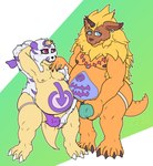 alternate_color animal_skin anthro belly belly_markings belly_to_belly biped blue_eyes blush broken_horn bulge bulge_grab butt claws clothing duo electronics embarrassed fangs fingers fur hand_behind_head hand_on_shoulder highlights_(coloring) horn jewelry jockstrap long_ears male markings moobs necklace nipples open_mouth orange_body overweight overweight_male purple_highlights red_eyes shy simple_background stocky teeth underwear usb white_body white_fur yellow_body yellow_fur benjibat conditional_dnp bandai_namco digimon backdoorgabumon_(benjibat) fan_character leobu_(fluxiled) digimon_(species) gabumon hi_res