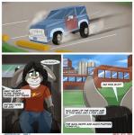 aaron_(artist) andy_porter anthro building bulge car cel_shading clothed clothing comic dialogue english_text hi_res inside_car lagomorph leporid male mammal offscreen_character rabbit shaded sitting solo text vehicle