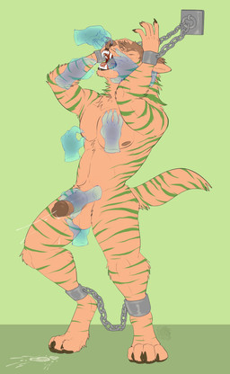 anthro arms_tied ball_fondling balls bodily_fluids bound chain chained chained_to_wall cum cum_on_ground cumshot disembodied_hand duo ejaculation erection eyes_closed facial_piercing fondling fur genital_fluids genitals ghost_hand hand_in_mouth hand_on_chest handjob humanoid_genitalia humanoid_penis legs_tied male male_anthro muscular muscular_anthro muscular_male nipple_fetish nipple_play nose_piercing nose_ring nose_ring_pull nude nude_anthro nude_male open_mouth penile penis piercing piercing_pull ring_piercing sex simple_background striped_body striped_fur stripes teeth tongue chubchow frook_(frooktose) canid canine canis mammal wolf 2019 absurd_res hi_res
