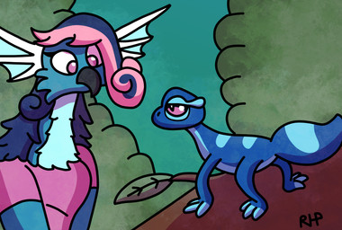 ambiguous_gender anthro beak blue_body blue_hair clothed clothing detailed_background duo eye_contact eyelashes female feral hair looking_at_another outside tail rhp nintendo pokemon faymin_(rhpenguin) avian gecqua generation_10_pokemon hybrid lizard pokemon_(species) reptile scalie 2026 digital_drawing_(artwork) digital_media_(artwork)
