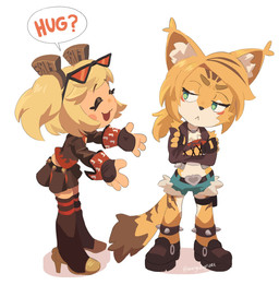 4_fingers accessory anthro arms_out belt blonde_hair blush blush_stickers bottomwear chibi clothed clothing crossed_arms dialogue duo eyewear eyewear_on_head female fingerless_gloves fingers footwear fur gloves green_eyes hair hair_accessory handwear high_heels jacket leather leather_clothing leather_jacket leather_topwear legwear looking_at_another open_mouth pigtails ponytail requesting shoes shorts simple_background skirt smile speech_bubble standing sunglasses sunglasses_on_head tail text thigh_highs topwear twintails_(hairstyle) white_background white_body yellow_body yellow_fur mangedugruau mihoyo zenless_zone_zero burnice_white pulchra_fellini felid feline human mammal thiren 2024 digital_media_(artwork) english_text hi_res