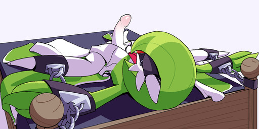 bdsm bed bondage bondage_gear bound chain chained erection furniture genitals humanoid_genitalia humanoid_penis legs_tied male penis raised_leg restrained restrained_arms restraints solo spread_legs spreading thin_calves thin_legs thin_thighs white_body youdelightful nintendo pokemon gardevoir generation_3_pokemon humanoid pokemon_(species) 2:1 hi_res