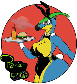 anthro beak beverage big_breasts big_butt black_beak blue_body breasts bunny_costume burger butt clothing costume countershading fake_ears fake_rabbit_ears female food green_crest humor logo looking_at_viewer markings navel_outline non-mammal_breasts pun simple_background slightly_chubby slightly_chubby_female soda solo tray visual_pun waiter white_markings yellow_body yellow_countershading lindwormduality gloria_(lindwormduality) dinosaur hadrosaurid ornithischian ornithopod parasaurolophus prehistoric_species reptile scalie absurd_res flat_colors hi_res