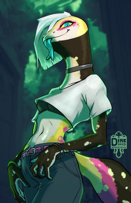 anthro blue_eyes blue_tongue choker clothing crop_top female green_background hair jewelry necklace shirt simple_background solo tongue topwear white_hair yellow_body yellow_skin josiedink lizard reptile scalie skink hi_res
