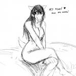 1:1 2019 anthro biped black_and_white black_hair bottomless breasts canid canine carol_(hladilnik) clothed clothing crossed_legs dialogue english_text female fur furniture ghost hair heart_symbol hi_res hladilnik looking_at_viewer mammal monochrome nipples nude simple_background sitting sketch smile solo spirit text topless white_background