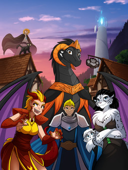 anthro armor arms_crossed_under_breasts biped black_body black_fur black_hair black_scales black_tail blonde_hair blue_eyes bottomwear breasts brown_eyes chest_tuft clothed clothed_anthro clothed_female clothed_human clothed_humanoid clothed_male clothing cloud crown female feral front_view fully_clothed fully_clothed_anthro fully_clothed_female fully_clothed_human fully_clothed_humanoid fully_clothed_male fur glowing glowing_eyes grey_body grey_wings group hair headgear horn looking_at_viewer male markings multicolored_body multicolored_scales nom orange_eyes orange_horn outside quadruped red_body red_horn red_scales red_tail scales size_difference sky smile spots spotted_body spotted_fur spotted_markings spotted_tail standing tail tail_markings tail_nom topwear tuft two_tone_body two_tone_scales white_body white_fur white_tail wings yellow_eyes conditional_dnp tom_fischbach mythology twokinds adira_riftwall keiren_(twokinds) madam_reni_(twokinds) maeve_riftwall sarah_(twokinds) adrakist animal_humanoid domestic_cat dragon dragon_humanoid felid feline felis human humanoid keidran mammal mythological_creature mythological_scalie scalie 2025 digital_media_(artwork) hi_res