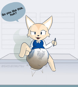 anthro clothed clothing dialogue diaper diaper_fetish dress feces female flirting flirting_with_viewer holding_object holding_pen holding_writing_utensil looking_at_viewer motion_outline office_clothing one_leg_up pen pooping presenting_underwear raised_leg sitting soiled_diaper soiling soiling_diaper solo speech_bubble spread_legs spreading stink_fumes talking_to_viewer text unclean_diaper upskirt used_diaper wearing_diaper work_uniform writing_on_diaper dummydoodles aggretsuko sanrio fenneko canid canine fennec_fox fox mammal true_fox english_text hi_res watermark
