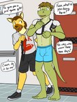 american_football anthro barefoot bottomwear boxer_briefs clothed clothing crop_top dialogue duo feet footwear fully_clothed holding_clothing holding_object holding_underwear jockstrap locker_room male midriff navel shirt shoes shorts sport t-shirt text topwear underwear fuze fuzeyeen gabriel_(fuze) alligator alligatorid crocodilian hyena mammal reptile scalie spotted_hyena 3:4 english_text hi_res