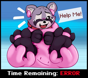 3_toes anthro black_nose bodily_fluids cheek_tuft closed_smile crying_laughing dialogue duo facial_tuft feet forced fur fur_tuft laugh mouth_closed multicolored_body multicolored_fur one_eye_closed open_mouth open_smile pink_body purple_body purple_fur red_tongue restrained smile soles speech_bubble tears text tickle_fetish tickle_torture tickling tickling_feet toes tongue tuft white_body white_fur ayylmao0129 indigo_park nintendo pokemon rambley_raccoon ditto_(pokemon) generation_1_pokemon mammal pokemon_(species) procyonid raccoon 2025 digital_media_(artwork) english_text hi_res male_(lore)