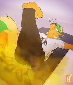 anthro bodily_fluids butt clothed clothing embarrassed exercise fart fart_cloud fart_fetish fully_clothed fur gas green_hair hair male male_farting orange_body orange_fur raised_leg shirt shocked smelly solo stretching t-shirt tears topwear yoga yoga_mat jooper casey_(sodawunk) canid canine canis hybrid mammal mephitid skunk wolf hi_res
