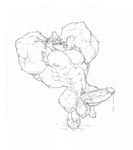 abs anthro armpit_hair balls biceps big_muscles bodily_fluids body_hair erection flexing genital_fluids genitals huge_muscles hyper hyper_muscles looking_at_viewer male muscular nude pecs penis precum solo utx-shapeshifter nintendo skyward_sword the_legend_of_zelda mogma hi_res monochrome