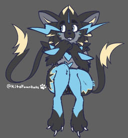 ambiguous_anthro ambiguous_gender anthro black_body black_fur blue_body blue_fur fur grey_background multicolored_body multicolored_fur simple_background smile solo teeth yellow_body yellow_fur kits4kats nintendo pokemon pokemon_legends_z-a generation_9_pokemon legendary_pokemon mega_evolution mega_zeraora pokemon_(species) 2025