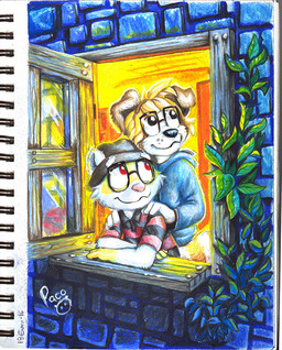 anthro black_clothing black_nose black_topwear blue_clothing blue_hoodie blue_topwear cheek_tuft clothed clothing duo eyewear facial_tuft fur glasses glistening glistening_eyes hoodie inside logo male male_anthro mouth_closed pattern_clothing pattern_topwear pink_nose red_clothing red_eyes red_topwear striped_clothing striped_topwear stripes topwear tuft white_body white_fur window yellow_body yellow_fur pandapaco canid canine canis domestic_dog mammal 2016 artist_logo dated signature traditional_media_(artwork)