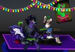 anthro christmas_lights clothed clothing duo fluffy food fur lights male paws simple_background tail_fluff bardo_en_krisis homestuck ms_paint_adventures gamzee_makara hyena mammal mephitid skunk absurd_res clip_studio_paint_(artwork) digital_media_(artwork) hi_res