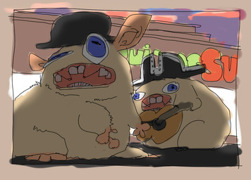 acoustic_guitar ambiguous_gender body_horror clothing duo feral guitar hat headgear headwear musical_instrument open_mouth plucked_string_instrument spongmonkey string_instrument teeth bronzecatworld quiznos mammal primate sketch