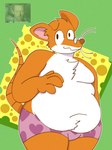 anthro belly brown_body cheese clothing dairy_products eyewear food glasses male moobs overweight overweight_male solo text underwear white_body rojocatto geronimo_stilton_(series) geronimo_stilton mammal mouse murid murine rodent 2025 3:4 english_text hi_res