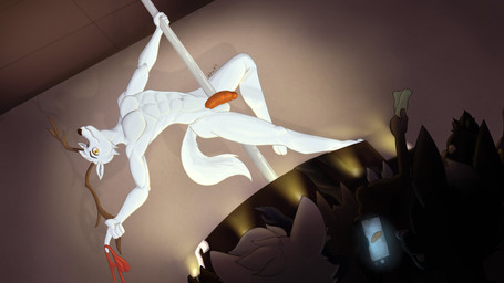 anthro balls clothing dancing erection fur genitals group humanoid_genitalia humanoid_penis leaning looking_at_viewer male nightclub nude penis phone_screen pole pole_dancing public public_nudity solo stripper_pole thong underwear draik deer mammal 16:9 4k absurd_res hi_res widescreen