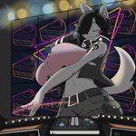 5_fingers anthro arm_tattoo belt belt_buckle big_breasts black_clothing black_hair black_topwear black_vest blush blush_stickers bottomwear breasts buckle closed_smile clothing cute_fangs disc_jockey eyes_closed fangs female fingers fur g_clef grey_bottomwear grey_clothing grey_shorts hair huge_breasts inner_ear_fluff midriff mouth_closed musical_clef musical_symbol navel pink_clothing pink_topwear shorts smile solo symbol tail tattoo teeth thick_thighs topwear tuft vest white_body white_fur tsuko_ex maggie_applebee canid canine canis domestic_dog mammal 2020 digital_drawing_(artwork) digital_media_(artwork) english_description hi_res