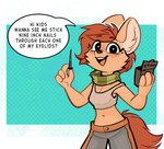 anthro big_ears biped clothed clothing dialogue female female_anthro fully_clothed fur hair holding_object midriff navel open_mouth open_smile smile speech_bubble standing talking_to_viewer tan_body tan_fur text rexyseven rusty_gears canid canine fennec_fox fox mammal true_fox 2024 digital_drawing_(artwork) digital_media_(artwork) english_text