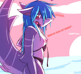anthro biped blush breasts detailed_background embarrassed female hair nipples non-mammal_breasts non-mammal_nipples outside sea seascape seaside shy simple_background sky solo sunset water saintversa aquatic fish shark digital_media_(artwork) half-length_portrait hi_res portrait restricted_palette
