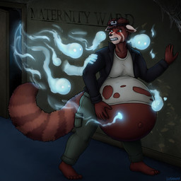 accessory anthro barefoot bottomwear camera clothing feet headband jacket male pants plantigrade pregnant pregnant_anthro pregnant_male rapid_pregnancy shirt solo topwear torn_clothing lushaani ailurid ghost mammal red_panda spirit 1:1 hi_res story story_in_description