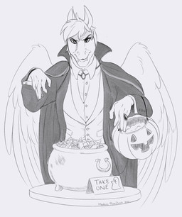 candy cauldron cloak clothing costume dessert evil_look fangs feathered_wings feathers food fruit jack-o'-lantern male plant pumpkin simple_background suit teeth text white_background wings phathusa mythology equid equine mammal mythological_creature mythological_equine pegasus vampire absurd_res english_text hi_res monochrome
