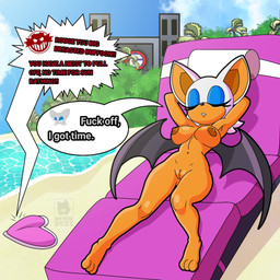 anthro areola bat_wings beach big_breasts big_ears black_nose black_wings blue_eyeshadow breasts brown_areola brown_nipples dialogue eyelashes eyes_closed eyeshadow female front_view fur genitals hands_behind_head lying makeup membrane_(anatomy) membranous_wings navel nipples nude nude_anthro nude_female on_back orange_body orange_fur profanity sea solo speech_bubble text thick_thighs vulva water white_body white_fur wide_hips wings skwid eggman_logo sega sonic_the_hedgehog_(series) rouge_the_bat bat mammal 1:1 english_text hi_res