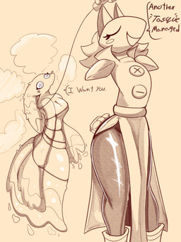 anthro blush bodily_fluids duo entangled female female/female floating_hands speech_bubble text water goopyarts deltarune undertale_(series) miss_mizzle tasque_manager darkner elemental_creature humanoid mizzle_(deltarune) water_creature absurd_res english_text hi_res